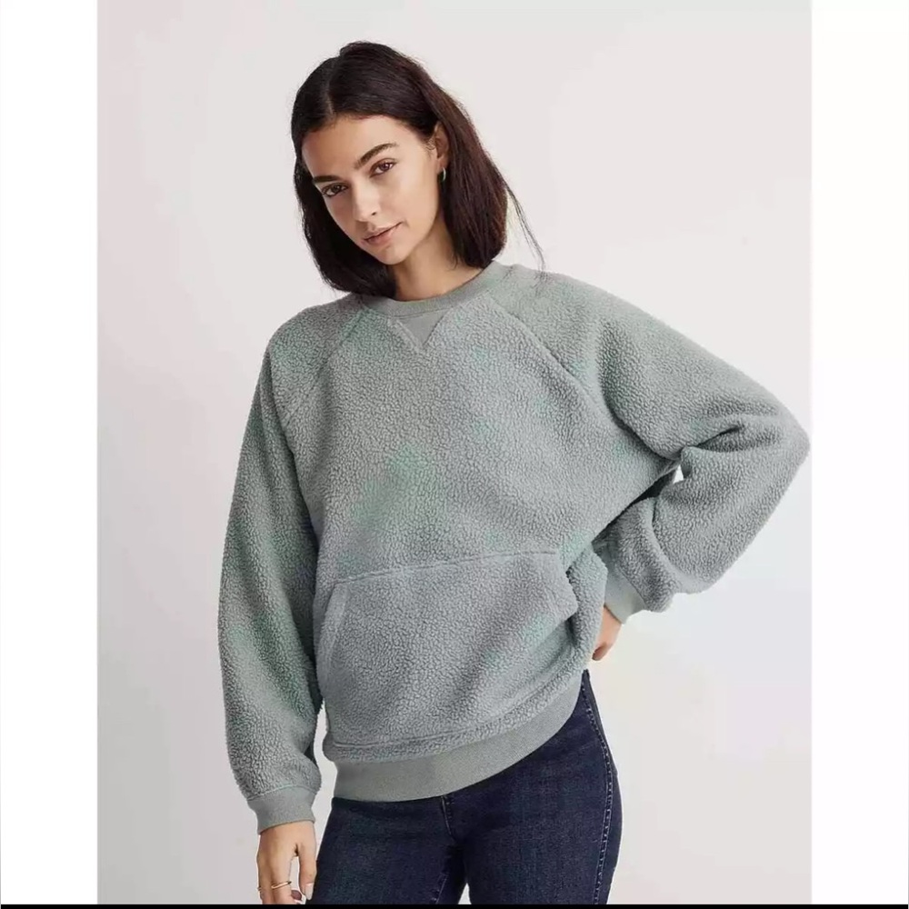 Madewell Resourced Green Sherpa Sweatshirt Size Larg Soft Fleece Kangaroo Pocket